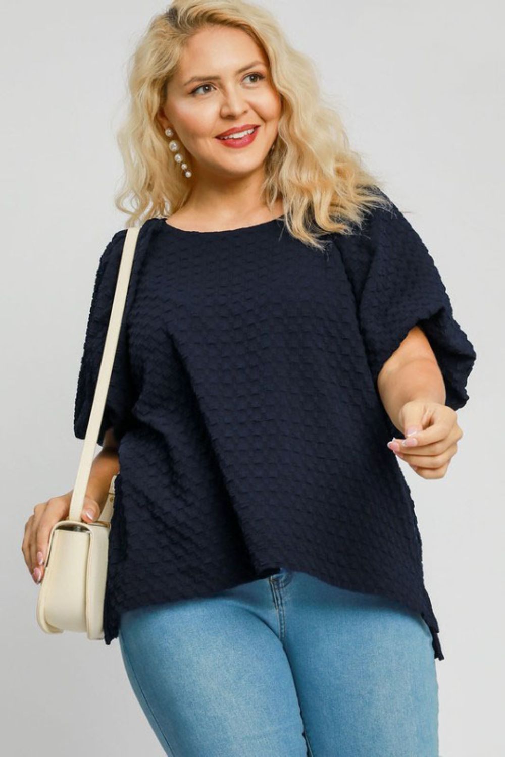 Umgee Full Size Boxy Cut Jacquard Round Neck Top with Side Slit Plus S